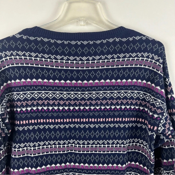 Mossimo Fair Isle Crew Neck Sweater 100% Cotton Navy Blue Pink Ski Cabin Medium - Picture 9 of 10